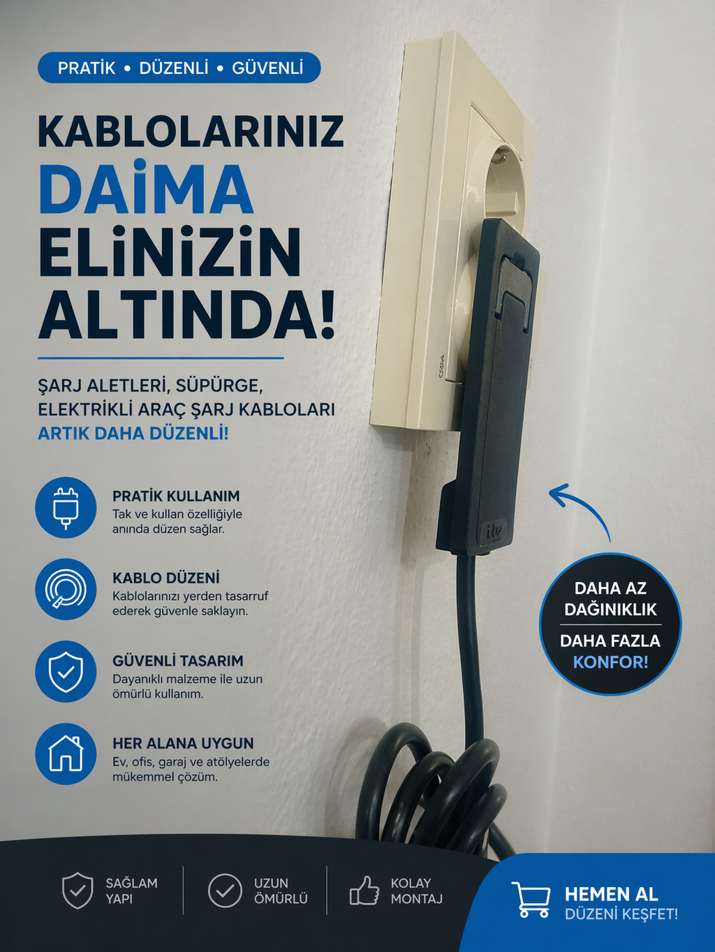 quin Uzatma Kablosu – üçlü Grup Priz, 1mt -2mt - 3mt İnce Fişli, siyah Renk