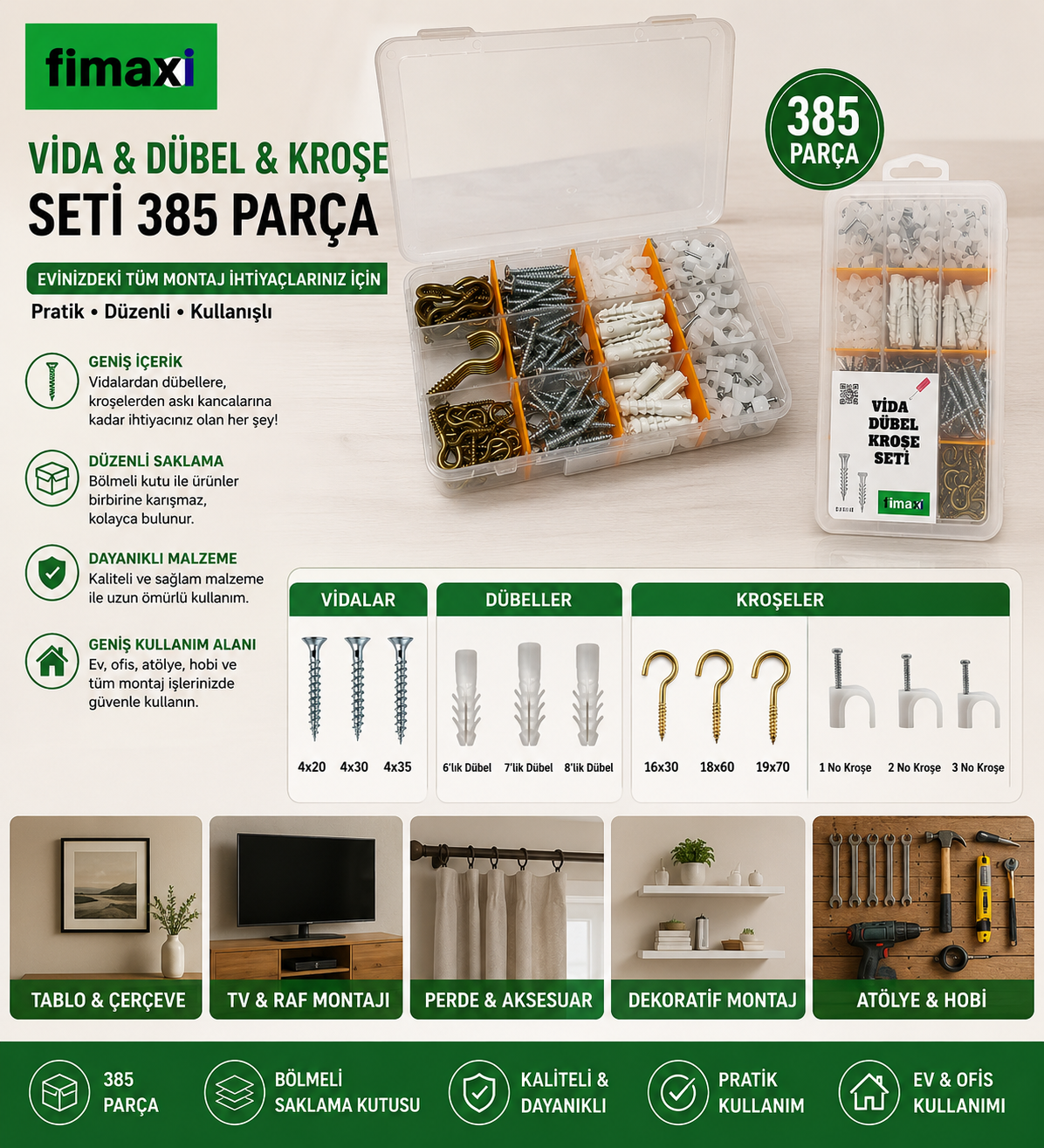 quin24  Organizer Vida Kutusu Plastik Dübeli ,piton kanca, çivili kroşe, Sunta Vidası Seti 186 Parça
