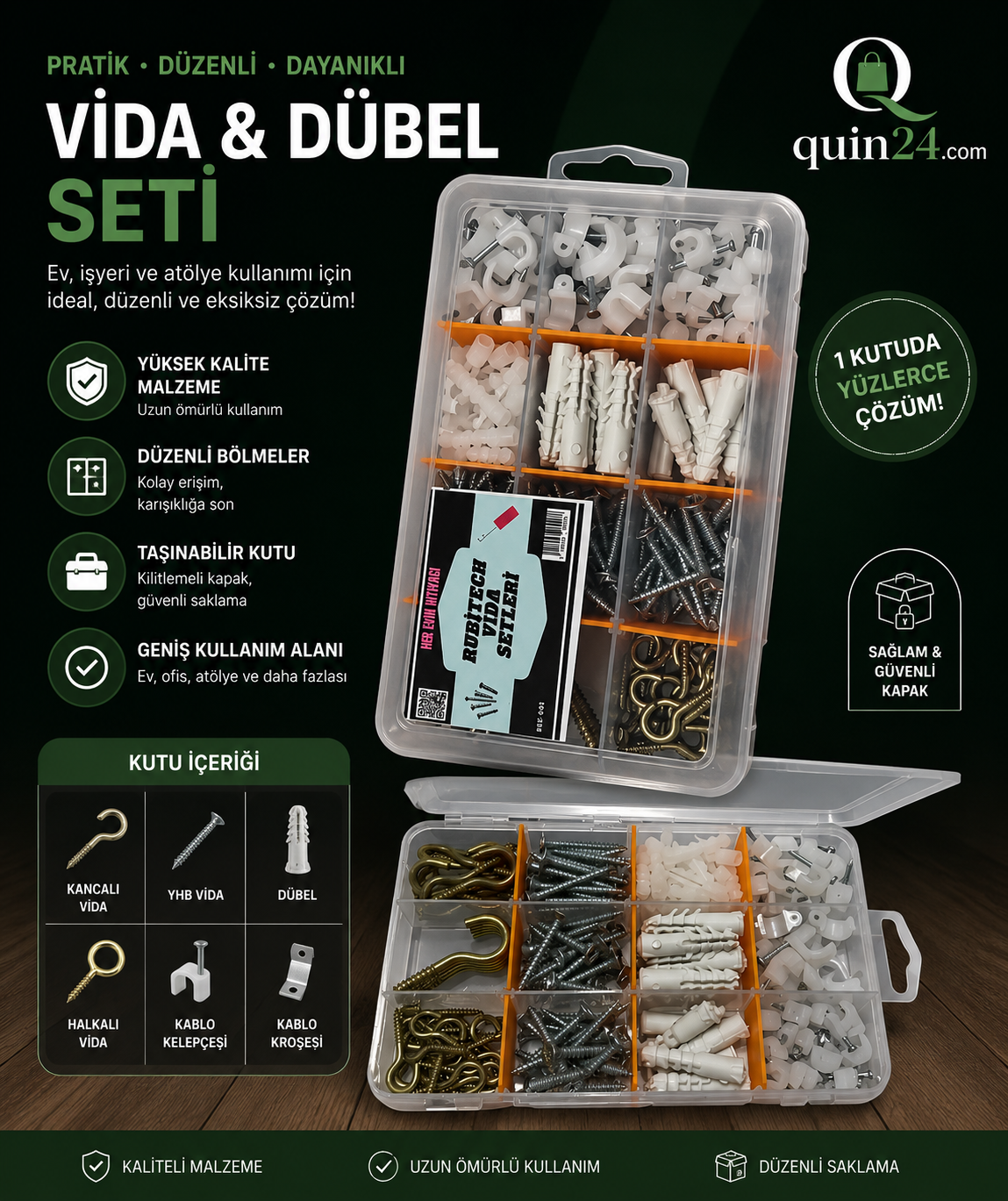 quin24  Organizer Vida Kutusu Plastik Dübeli ,piton kanca, çivili kroşe, Sunta Vidası Seti 186 Parça