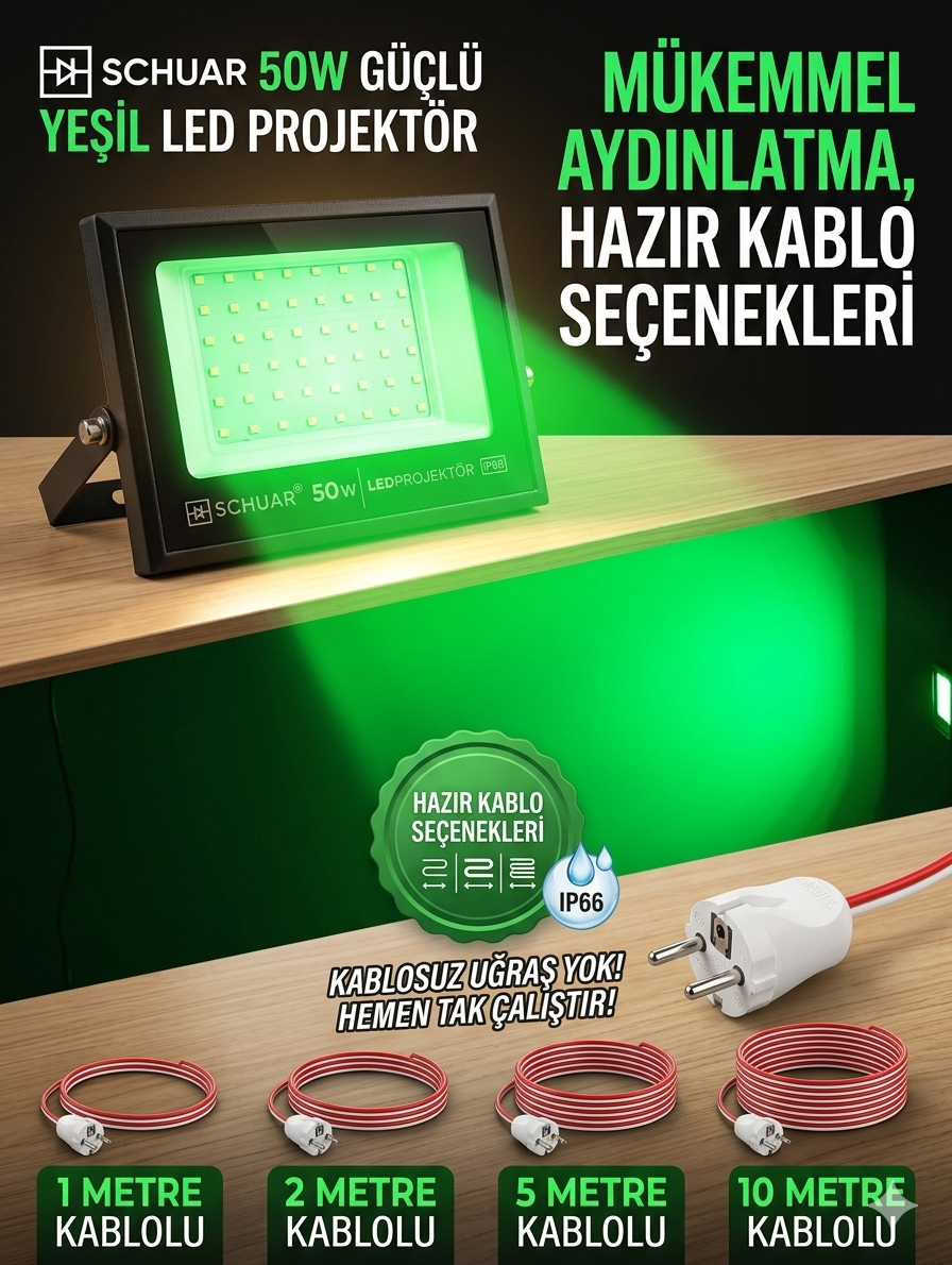 50W Güçlü Yeşil LED Projektör – Hazır Kablolu (1m, 3m, 5m, 10m Seçenekleriyle)