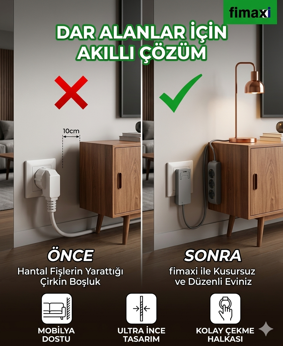 quin24 Uzatma Kablosu Üçlü priz Kablolu İnce Fişli, Dar Alanlara Uygun beyaz renk